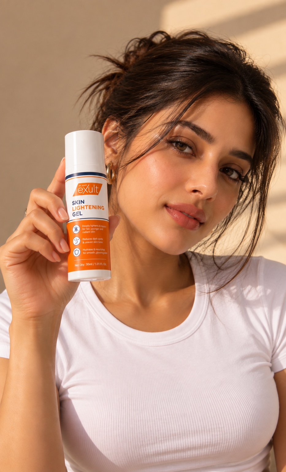 Exult Clinic Skin Lightening Gel product campaign featuring a model